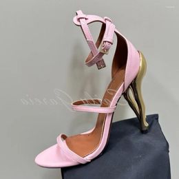 Sandals Pink Metal Hip Shaped Personalized High Heel Women Round Toe Strange Buckle Strap Cover Party Dress Shoes