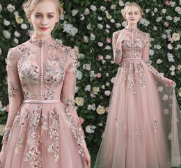 Elegant Bean Pink A-line Prom Party Dress 2024 High Neck Long Sleeves Buttons Beading Lace Tulle Evening Formal Pageant Robe De Soiree Vestidos De Fieast