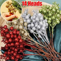 Decorative Flowers 1/20Pcs Artificial Red Berries 14 Head Glitter Fake Holly Berry Branch Xmas Tree DIY Wreath Ornament Year Decoration