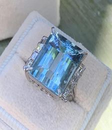 Cluster Rings 2021 Luxurious Exaggerated Square Shape Aquamarine Gemstone For Women Wedding Fashion Party Jewelry Gifts Whole7277462