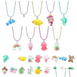 Jewelry Little Girl Beaded Necklace Ring Cartoon Animal Owl Dinosaur Butterfly Pendants Friend Friendship Party Favors Dress Up Play Dhowv