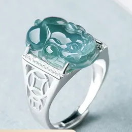 Cluster Rings Natural A-grade Jade Blue Water Pixiu Ring For Men Women Pairing High Grade Fashion S925 Silver Inlaid Adjustable