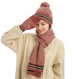 Women Winter Keep Warm Set Fleece Lining Beanie Telefingers Gloves Thicken Scarf Christmas Hat Snow Design Neckerchief 3 Pieces