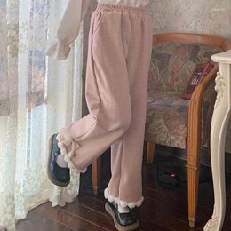 Women's Pants Japanese Kawaii Women Wide Leg Cute Sweatpants Sweet Harajuku Lolita Vintage Baggy White Trousers With Bow Winter