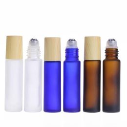 Wood Grain Plastic Cap 5ml 10ml Frosted Glass Roll On Bottles with Stainless Steel Roller Ball for Essential Oil Lip Balms Hjxsm