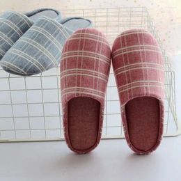 Slippers Japanese Style Plaid Autumn And Winter Household Couple Cotton Women's Mute Floor Non-Slip Indoor Soft Sole Shoes M