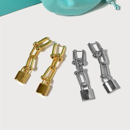 Stud Pure 925 Sterling Silver Jewellery For Women Long Drop Lock Earrings Luxcy Party Fine Costume Gold Color300R