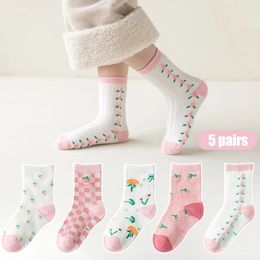Kids Girls Socks 5 Pairs Set Spring Autumn Soft Cotton Sweet Printed Children's Girl Breathable Comfortable Medium Stocking 231221