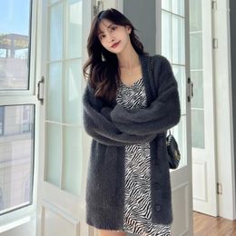 Women's Knits Korean Solid Long Knitted Cardigan Woman Sweet Fluffy Sleeve Casual Single Breasted Lazy Wind Soft Loose Sweater Cardigans
