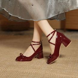 Dress Shoes High Heels Thick One Line Buckle Retro Mary Jane Single Round Toe Shallow Cut Patent Leather Bow Tie Female