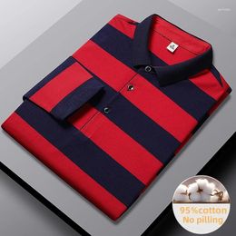 Men's Polos Fashion Striped Polo Shirt 95%Cotton Lapel Comfortable Long Sleeve T-Shirt Korean Trend Casual Sport Anti Pilling Clothing