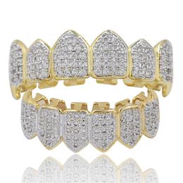 Hip Hop Iced Out CZ Mouth Teeth Grillz Caps Top Bottom Grill Set Men Women Vampire Grills249k