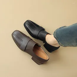 Dress Shoes Phoentin 2023 Genuine Leather Loafers Elegant Square Toe Pumps Black Brown Retro Office Women Slip On Mid Heels FT3068