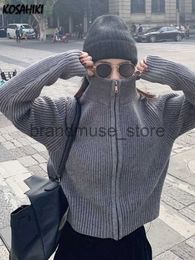 Women's Sweaters Y2k Aesthetic Harajuku Cardigan Mujer Kardigan Turtleneck Streetwear Grey Crop Tops Zipper 2023 Autumn All Match Solid Sweater J231222