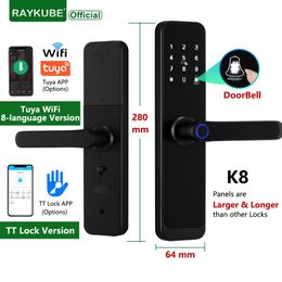 RAYKUBE K8 Tuya Wifi Smart Door Lock TT Lock Fingerprint Lock Digital Electric Lock With Longer Larger Handle Panels Doorbell 231221