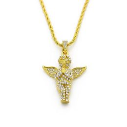 Mens Vintage Angel Wing Pendant Rope Chain 18K Gold Plated Iced Out Necklace 24 Inch Long3035