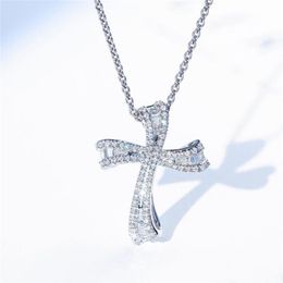 New Unique Fine Jewelry Real 925 Sterling Silver Cross Pendant Full White Sapphire CZ Diamond Popular Party Women Wedding Clavicle222T