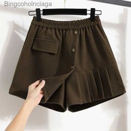 Women's Shorts Women's Solid Elastic Waist Plus Size Trouser Skirt Autumn and Winter New Loose High-waist Ruched Button Casual ShortsL231222
