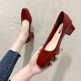 Dress Shoes Beige High Heels Shallow Mouth Pumps Woman Office Ladies Lace-Up Chunky Sandals Square Toe 2023 Footwear Sli