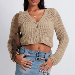 Women's Knits Fashion V-neck Crop Sweaters Casual Solid Color Knitted Button Up Cardigans Warm Fall Knitwear For Streetwear