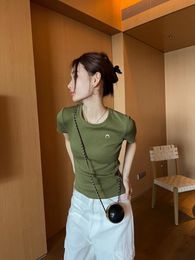 Moon Embroidery Elastic short sleeved T-shirt Fashion Designer Women Summer Cotton Slim Female Round Neck Spring Tee Sexy Skinny