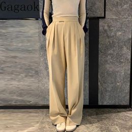 Women's Pants Gagaok Korean Chic French Minimalist High Waisted Versatile Pleated Design Drape Straight Leg Wide Casual Trousers