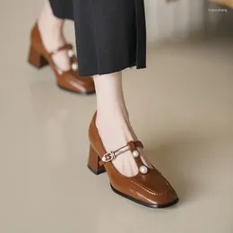 Dress Shoes Women T Strap Square Toe Mary Jane For Pumps Pearl Single Spring Autumn Mid Heels Office Lady