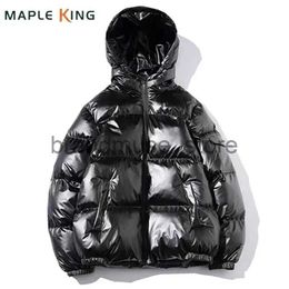 Men's Down Parkas Glossy Black Mens Coats and Jackets Women Harajuku Parkas Cotton Padded Hooded Bright Jaqueta Masculina Unisex Winter Clothes J231222