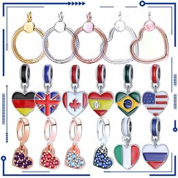 925 Silver New Round Heart Shaped Pendant Flag Sparkling Beads Suitable for Original PAN Charm Silver Bracelet DIY Women's Fashion Jewellery Free Shipping