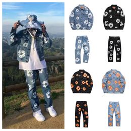 denim teers hoodie Quality 1 1 Designer denim jacket pants style vintage three-dimensional foam kapok printing graffiti men and womens embroidered Top and pants set