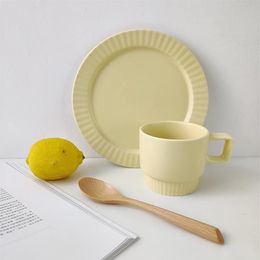 Dishes & Plates Creamy Yellow Matte Dinner Plate And Coffee Mug Korean Simple Solid Colour Striped Home Breakfast Round Daily Table285a