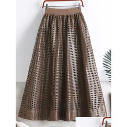 Skirts Tigena Women Leather Skirt Autumn Winter Fashionable Hollow Out Solid Brown Green A Line High Waist Midi Long Female Drop Deliv Dhilk