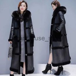 Women's Jackets Large Size Winter Lambswool Jacket Coat Women Long Faux Leather Jacket Female Thicken Warm Overcoat Womens Hooded Faux Fur Coats J231222