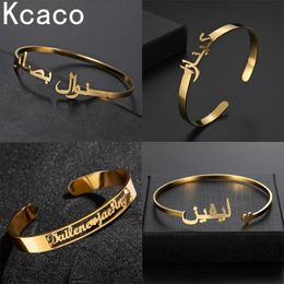 Kcaco Customised Letter Name Bracelet Personalised Arabic Adjustable Bangle Men Stainless Steel Kids Cuff Gift 231221