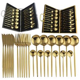 24pcs Gold Dinnerware Set 18 10 Stainless Steel Flatware Set LNIFE Fork Spoon Cutlery Kitchen Tableware Silverware With Gift Box289d