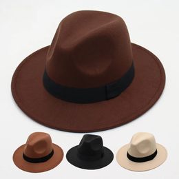 Classic Black Ribbon Women Fedora Hats Autumn Winter Gentleman Jazz Felt Hat For Men Retro Church Lady Flat Wide Brim Dress 231221