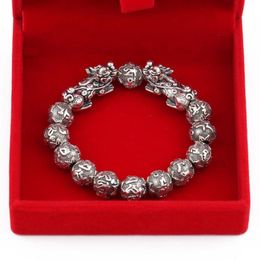 Antique Silver Plated Feng Shui Pixiu Charm Six Word Mantra Beads Bracelet Mascot Amulet Jewellery for Men2040