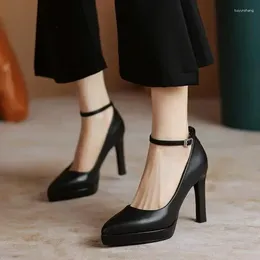 Dress Shoes Black High Heels For Women Spring Ankle Strap Pointy Toe Platform Sexy Classic Women's Work
