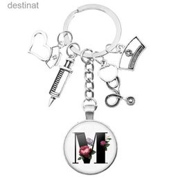 Key Rings Latest Home Stethoscope Nurse Syringe Keychain A-Z Round Glass Dome Cabochon Pendant Men and Women Fashion Charm KeychainL231222