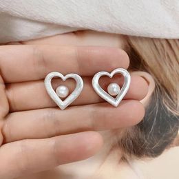 Stud Earrings Cute Silver Color Matte Love Peach Heart With White Pearl For Women Girls Party Jewelry Brass Aros Arete Oorbellen