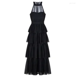 Casual Dresses Ruffle Layer Black Mesh Transparent Summer Beach Elegant Woman Party Dress Sleeveless Celebrity Maxi Long Ladies Gown