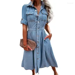 Casual Dresses Vintage Single-breasted Cardigan Women Chest Double Pocket Decoration Denim Dressy Female Elegant Comfortable Slim Gown