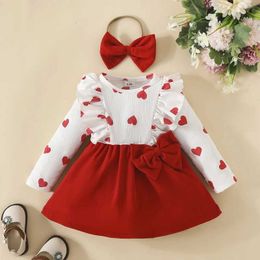 Girl's Dresses Autumn Princess Baby Girl 2Pcs Spring Outfits Long Sleeve Heart Print Side Bow Dress with Headband Set Toddler ClothesL2405