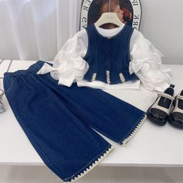 Girls Clothes Sets Fashion Children Girl Denim Jeans Vest and Wide Leg Pants Suit Kids Toddler Clothing 2 12y 231221