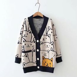 Women Jacquard Cat Loose Cardigan 2023 Fall Winter in Korean Fashion Knit Sweater Tops with Pocket Cartoon Pattern 231221