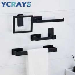 YCRAYS Black No Drilling Bath Hardware Sets Toilet Paper Holder Towel Rack Bar Rail Robe Hook For Bathroom Products Accessories 231222