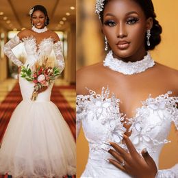 Aso Ebi Wedding Dresses High Neck Mermaid Elegant Long Sleeves Illusion Tulle Lace Beaded Crystals Bridal Dress for African Bride Black Women Bridal Gowns CDW165