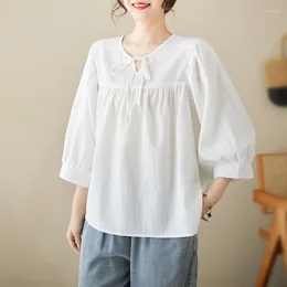 Women's Blouses 2023 Arrival Summer Women Loose Fit O-neck Three Quarter Sleeve Blouse All-matched Arts Style Casual Shirts V456