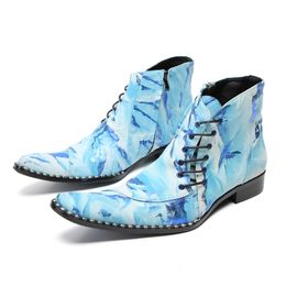 Lace-up Print Leather Ankle Boots for Men Party Wedding Shoes Mixed Colours Elegent Man Social Shoe Side Zipper Men's Shoes