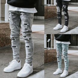 Men's Jeans Skinny Ripped Streetwear Fashion Beggar Patch Men Pencil Pants Grey/Blue Slim Denim Trousers Casual For